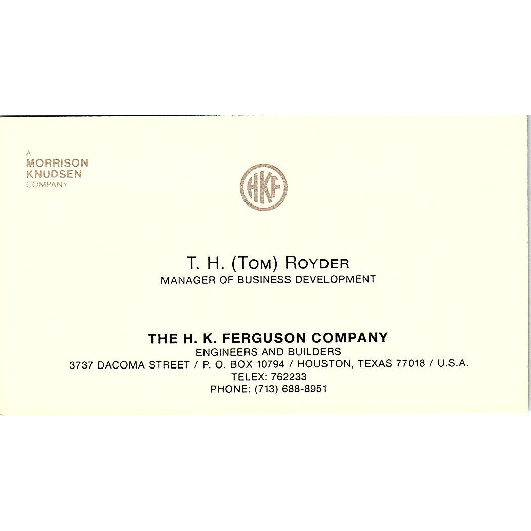 The H.k. Ferguson Company T.h. (Tom) Royder Houston Texas Business Card SF3-B5