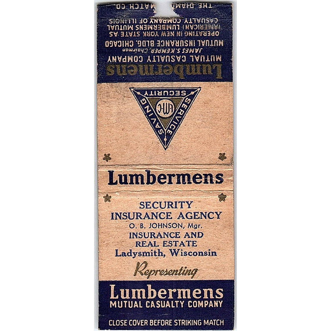 Lumbermens Mutual O.B. Johnson Ladysmith WI Vintage Matchbook Cover SF3-Y1