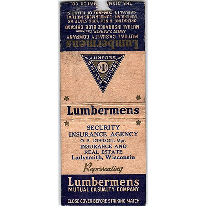 Lumbermens Mutual O.B. Johnson Ladysmith WI Vintage Matchbook Cover SF3-Y1