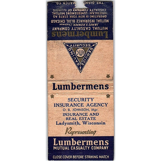 Lumbermens Mutual O.B. Johnson Ladysmith WI Vintage Matchbook Cover SF3-Y1