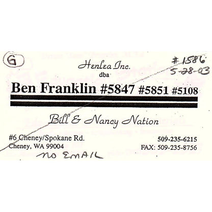 Bill & Nancy Nation Ben Franklin 5847, 5851, 5108 Cheney WA Business Card SC9-B9
