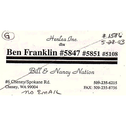 Bill & Nancy Nation Ben Franklin 5847, 5851, 5108 Cheney WA Business Card SC9-B9