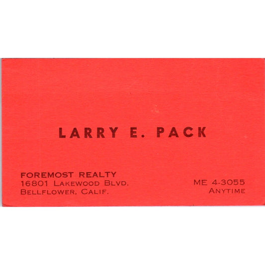 Larry E. Pack Foremost Realty Bellflower CA Vintage Business Card SD8-B1