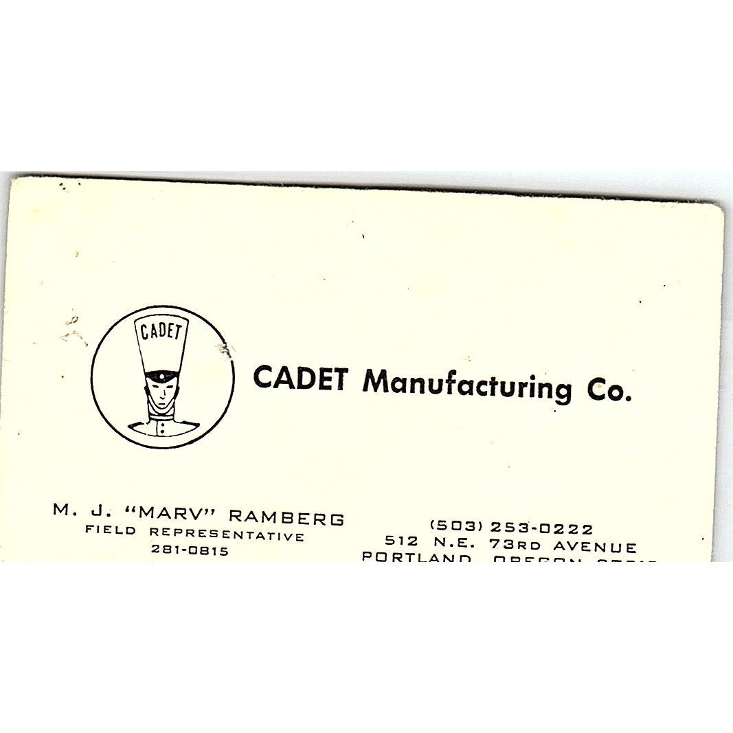 Cadet Mfg Co M.J. Marv Ramberg Portland OR Vintage Business Card SD9-B5