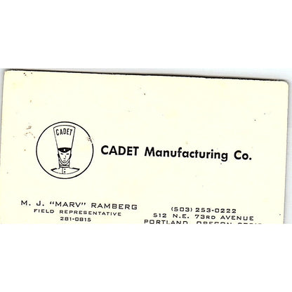 Cadet Mfg Co M.J. Marv Ramberg Portland OR Vintage Business Card SD9-B5