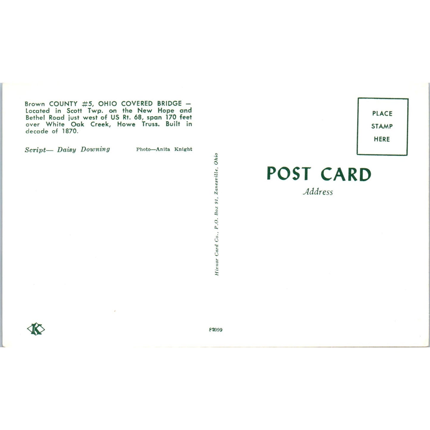 Brown County #5 Scott Twp White Oak Creek Ohio Covered Bridge Postcard PC1