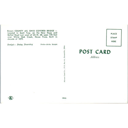 Brown County #5 Scott Twp White Oak Creek Ohio Covered Bridge Postcard PC1