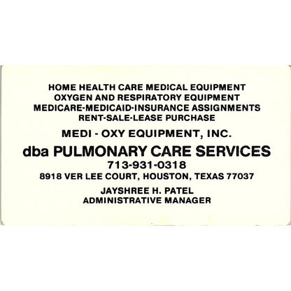 Jayshree H Patel Oxy Equipment Inc Pulmonary Care Houston Business Card SD9-B7