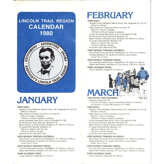Vintage 1980 Lincoln Trail Region Calendar Fold Out Travel Brochure H5-5