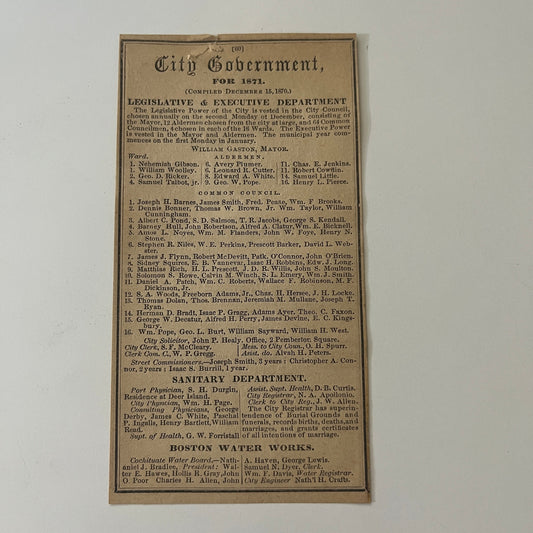Boston City Government Listings 1871 Boston Almanac Clipping SAI2-H3