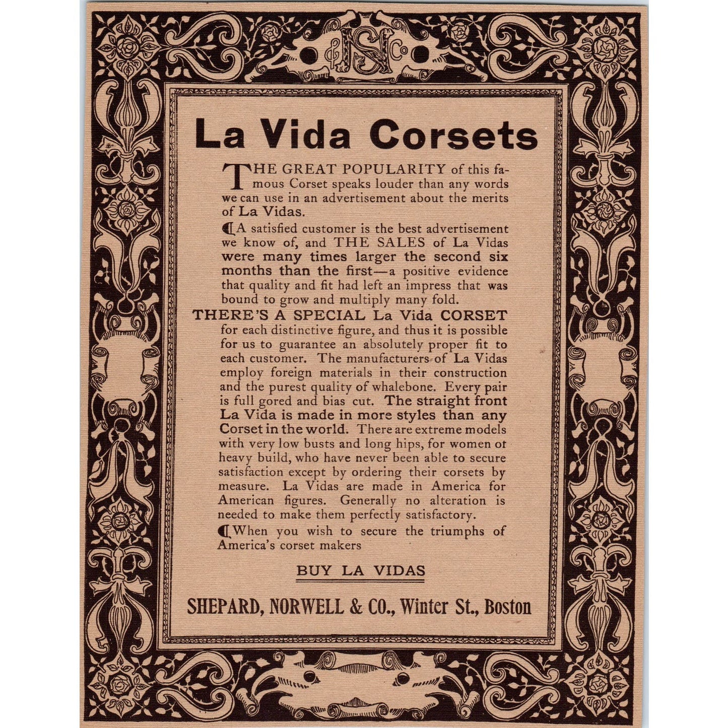 La Vida Corsets Shepard, Norwell Co. Boston c1905 Victorian Ad D13