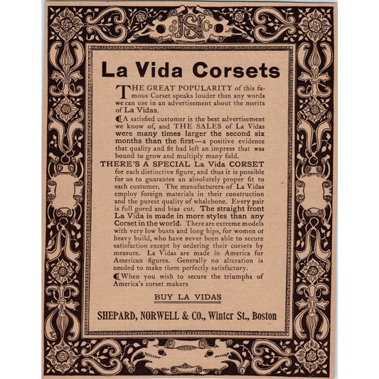 La Vida Corsets Shepard, Norwell Co. Boston c1905 Victorian Ad D13