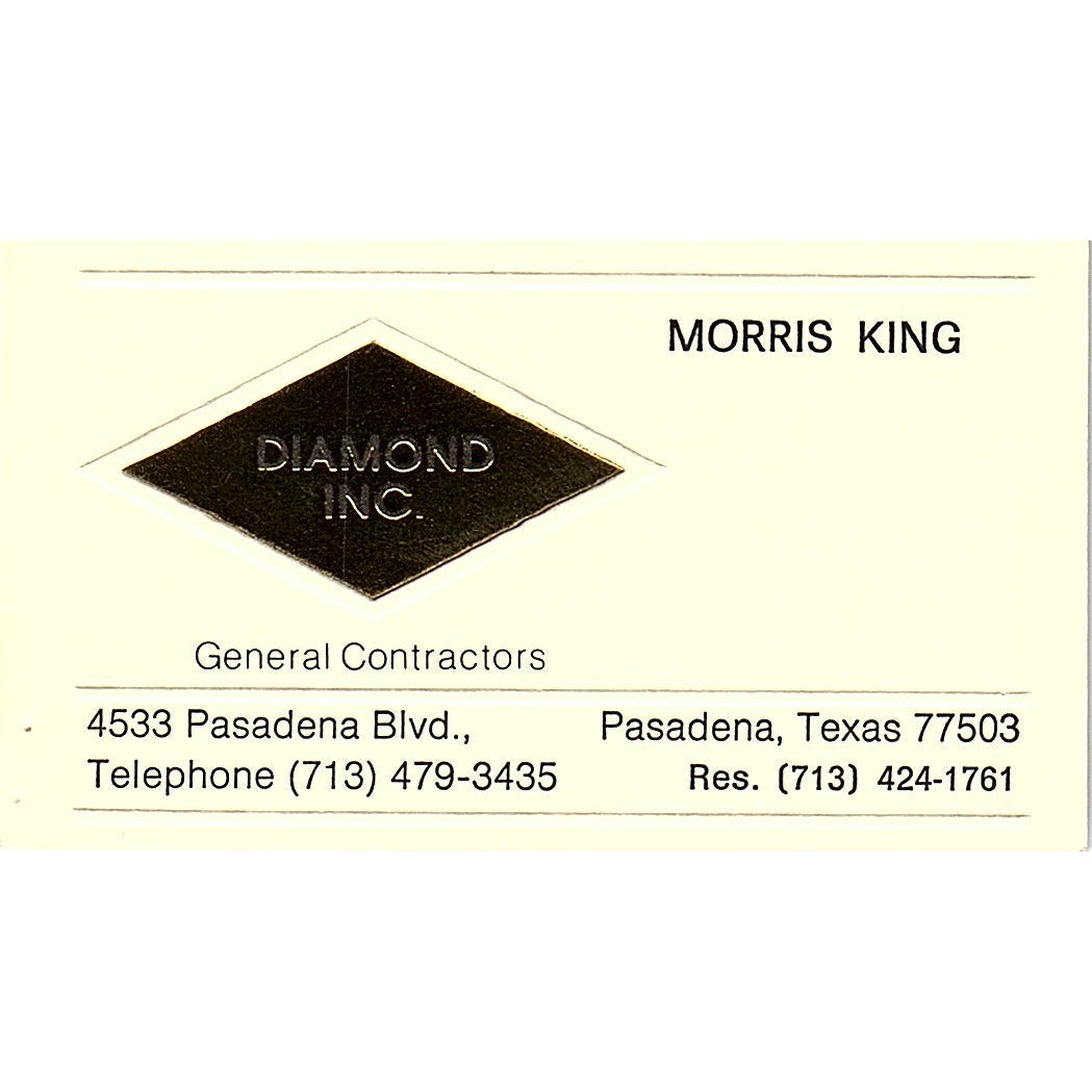 Diamond Inc Contractors Morris King Pasadena TX Vintage Business Card SD9-B3