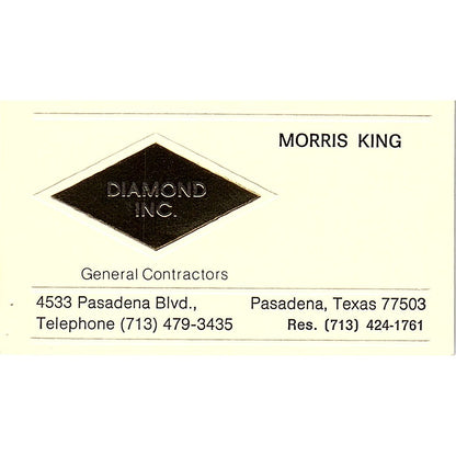 Diamond Inc Contractors Morris King Pasadena TX Vintage Business Card SD9-B3
