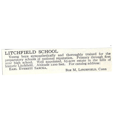 Litchfield School for Boys Earl Everett Sarcka CT 1924 Magazine Ad AD8-O6