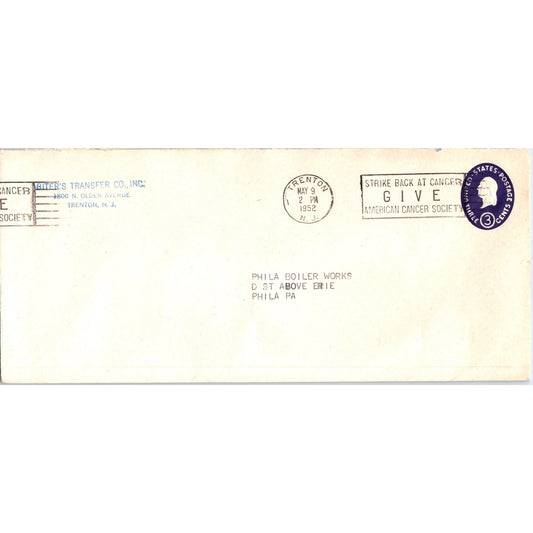 1952 Biter's Transfer Co Inc Trenton NJ Cancer Cancellation Postal Cover TH9-L2