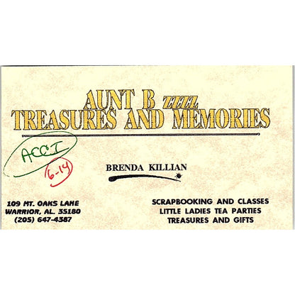 Aunt B ZZZZ Treasures & Memories Brenda Killian Warrior AL Business Card SC9-B9
