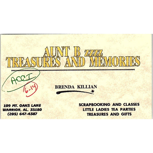 Aunt B ZZZZ Treasures & Memories Brenda Killian Warrior AL Business Card SC9-B9