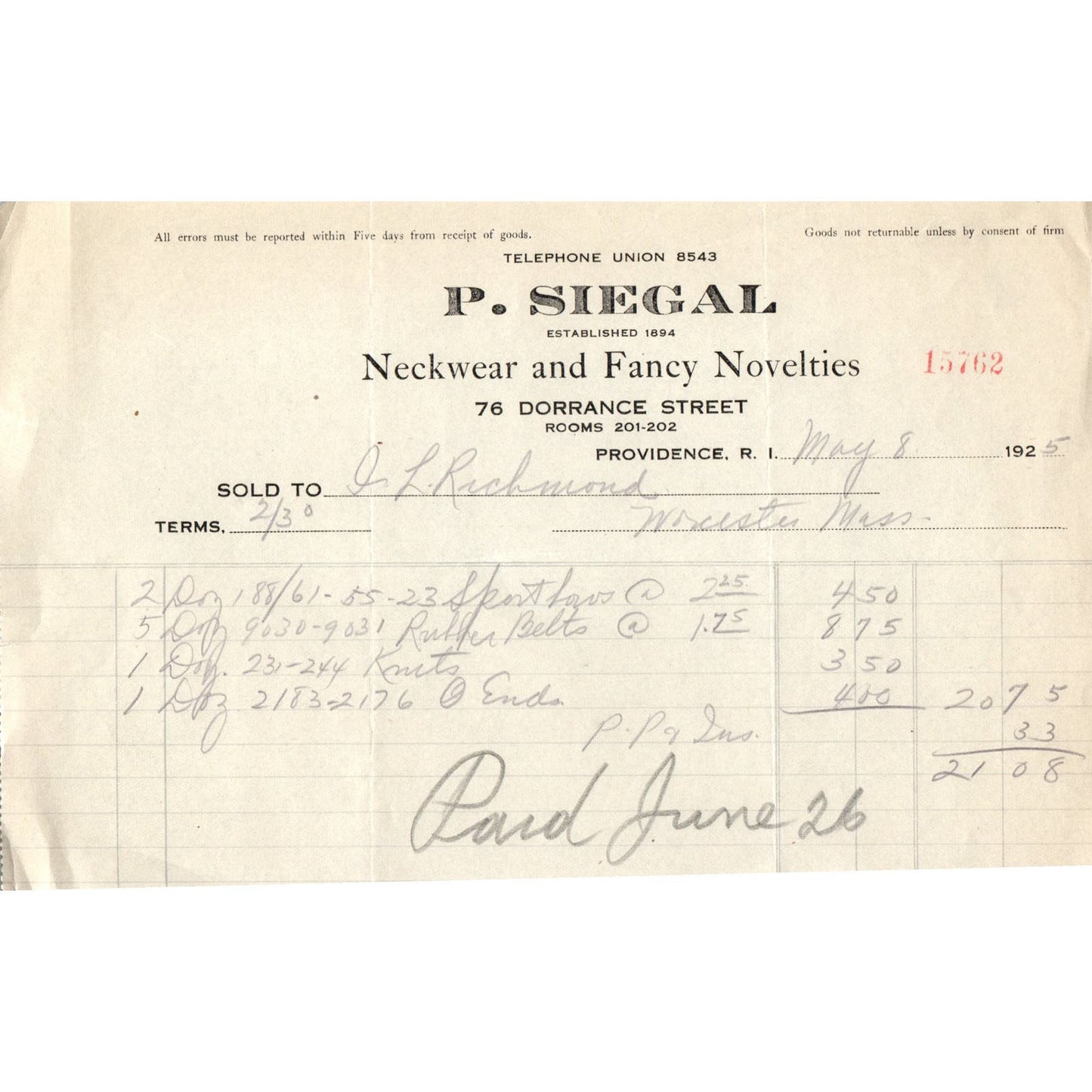 P. Siegal Neckwear Providence RI 1925 Original Billhead Letterhead Receipt D8