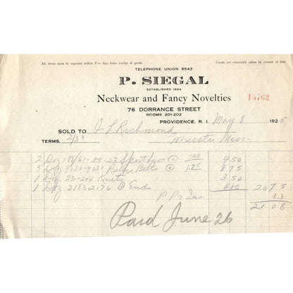 P. Siegal Neckwear Providence RI 1925 Original Billhead Letterhead Receipt D8