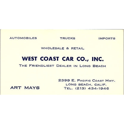 West Coast Car Co Inc Art Mays Long Beach Vintage Business Card SD9-B11
