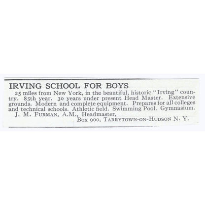 Irving School J.M. Furman Tarrytown on Hudson NY c1918 Advertisement AE5-SV1