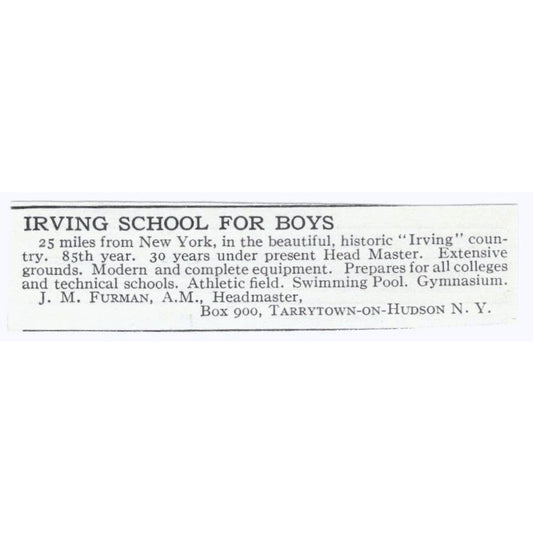 Irving School J.M. Furman Tarrytown on Hudson NY c1918 Advertisement AE5-SV1