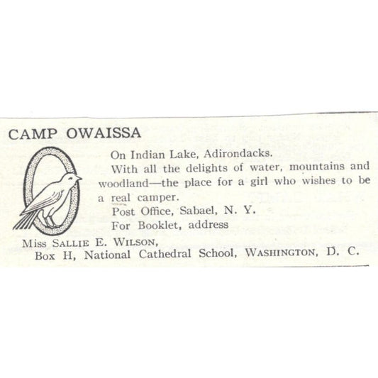 Camp Owaissa Indian Lake Adirondacks Sallie E Wilson c1918 Advertisement AE5-SV2