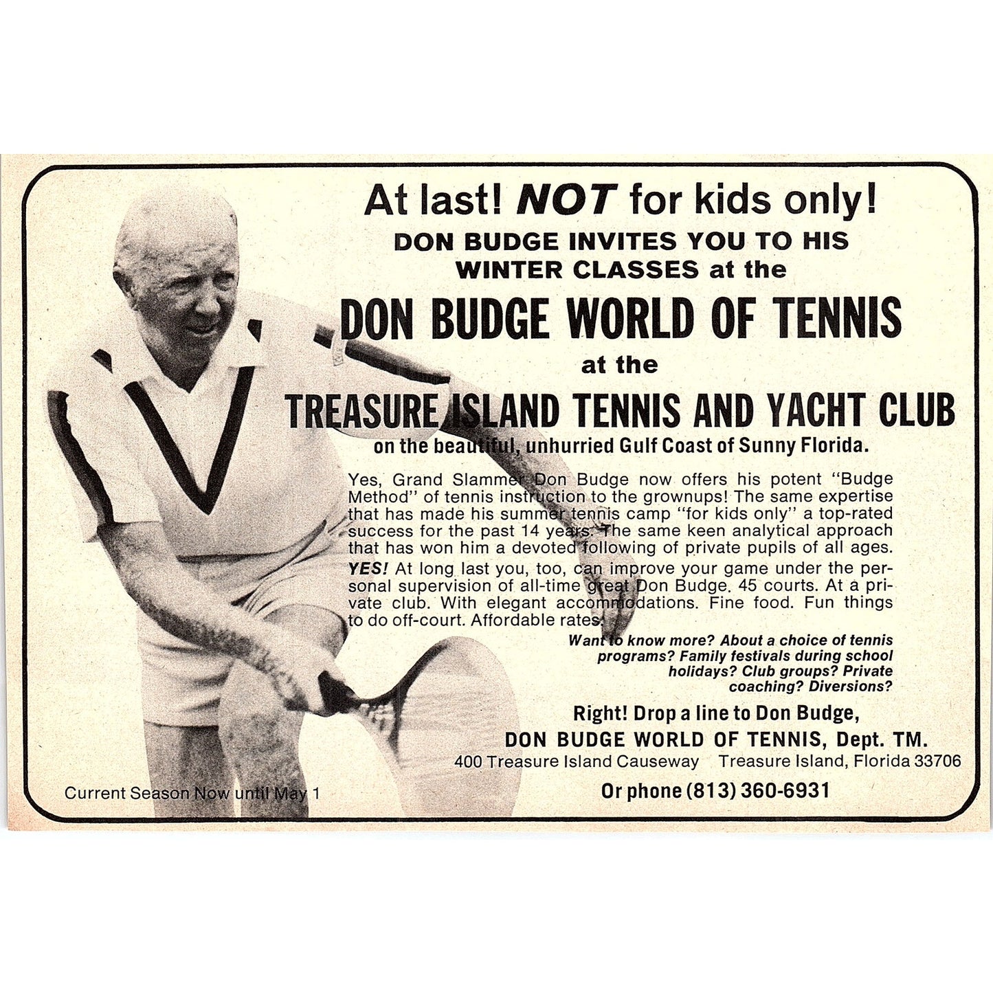 Don Budge World of Tennis Treasure Island FL 1977 Ad AF3-5
