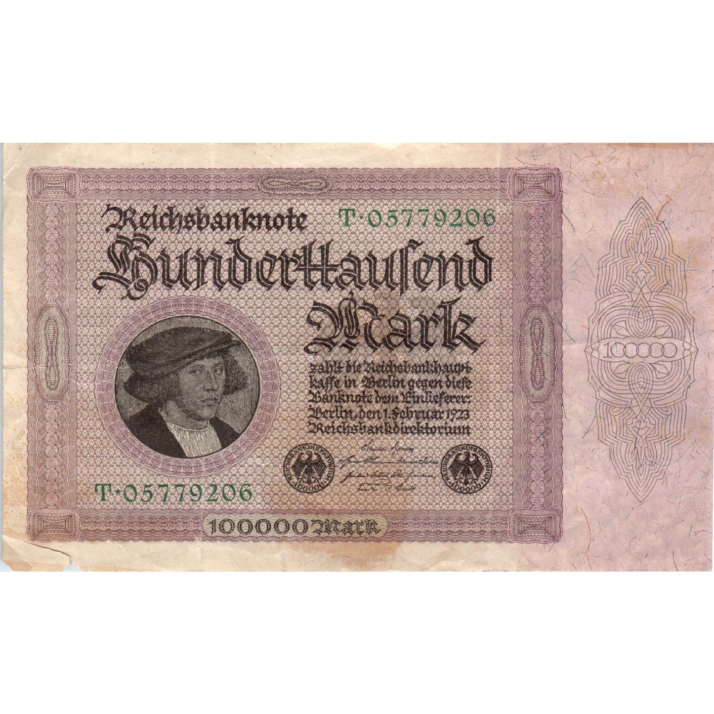 1923 Germany 100,000 Mark Reichsbanknote Banknote T-05579206 D21