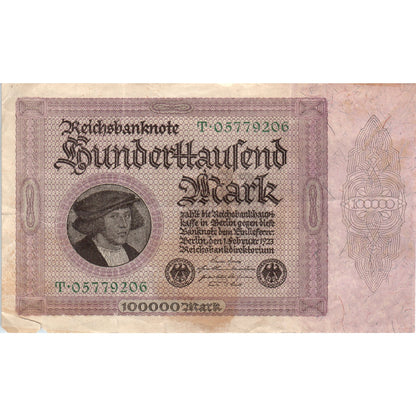 1923 Germany 100,000 Mark Reichsbanknote Banknote T-05579206 D21