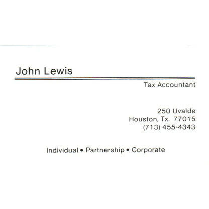John Lewis Tax Accountant Houston Tx Vintage Business Card SD8-B9
