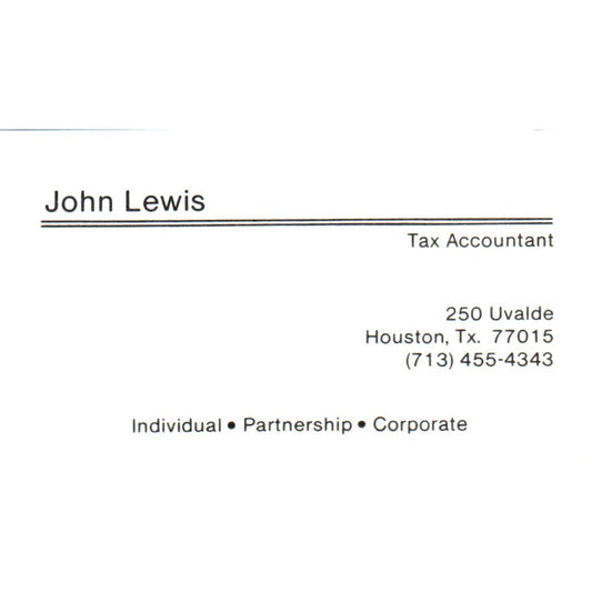 John Lewis Tax Accountant Houston Tx Vintage Business Card SD8-B9