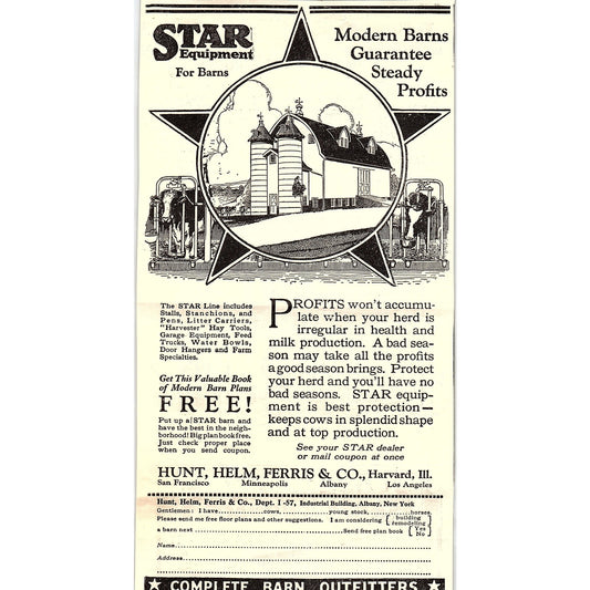 Hunt, Helm, Ferris & Co Star Equipment for Barns Albany NY 1924 Ad AG3-4