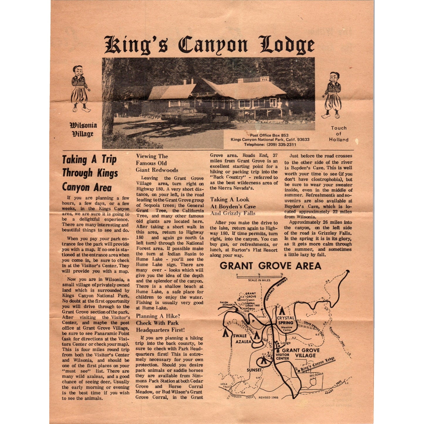 1968 King's Canyon Lodge Restaurant Menu & Travel Guide Grant Grove CA AF7-E1