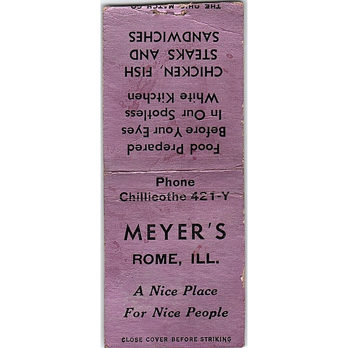 Meyer's Restaurant Rome IL Vintage Matchbook Cover SF3-Y5