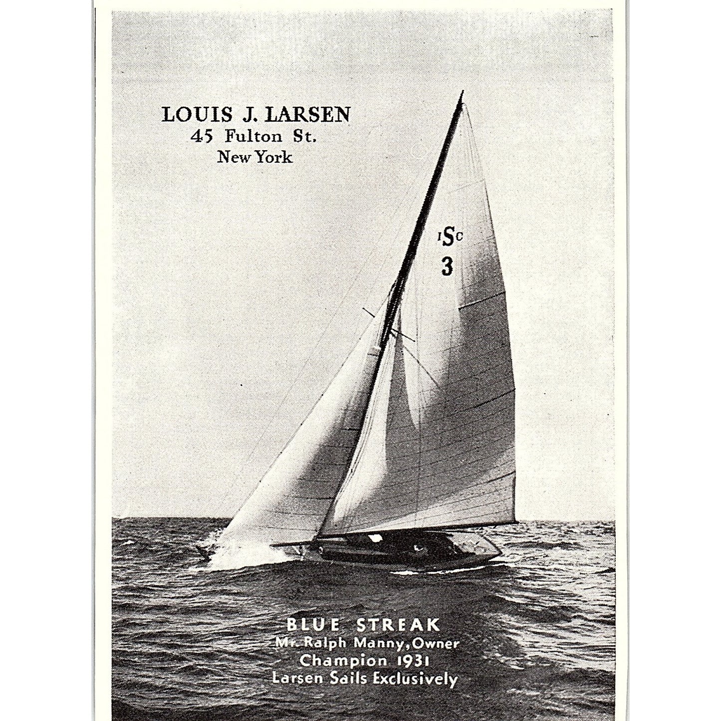 Louis J Larsen Sails NY Blue Streak Ralph Manny 1932 Ad AG2-H3