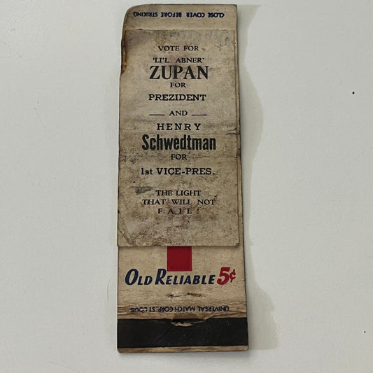 Lil Abner Zupan for President, Schwedtman Vice President Matchbook Cover AI9-M28