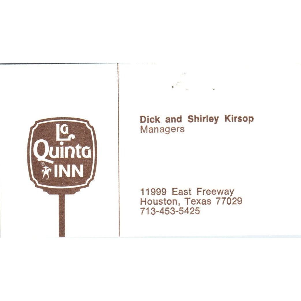 Dick & Shirley Kirsop Houston La Quinta Motor Inn Vintage Business Card SE3-B1
