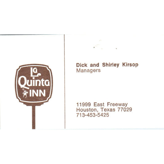 Dick & Shirley Kirsop Houston La Quinta Motor Inn Vintage Business Card SE3-B1