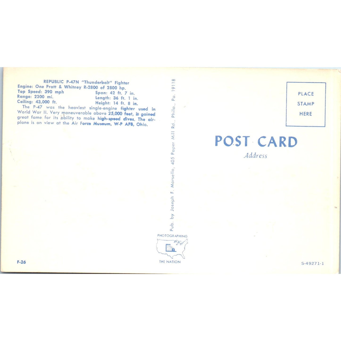 Republic P-47N Thunderbolt Fighter Vintage Postcard PC2