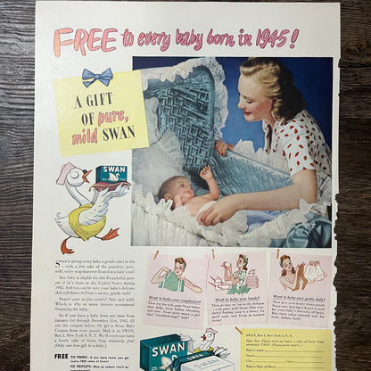 1945 Mild Swan Baby Soap Vintage Magazine Ad 11x14 V9