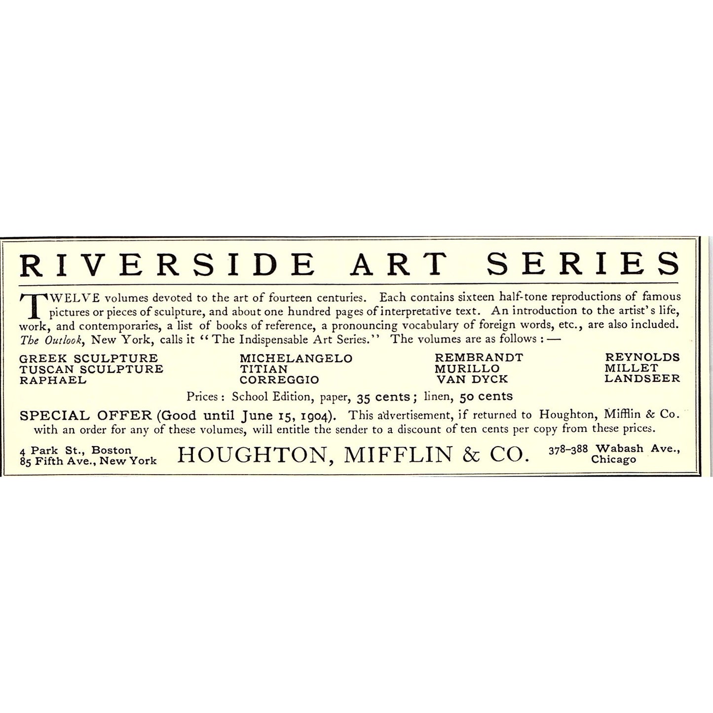 Riverside Art Series Houghton, Mifflin & Co NY Chicago - 1904 Ad AF5-2