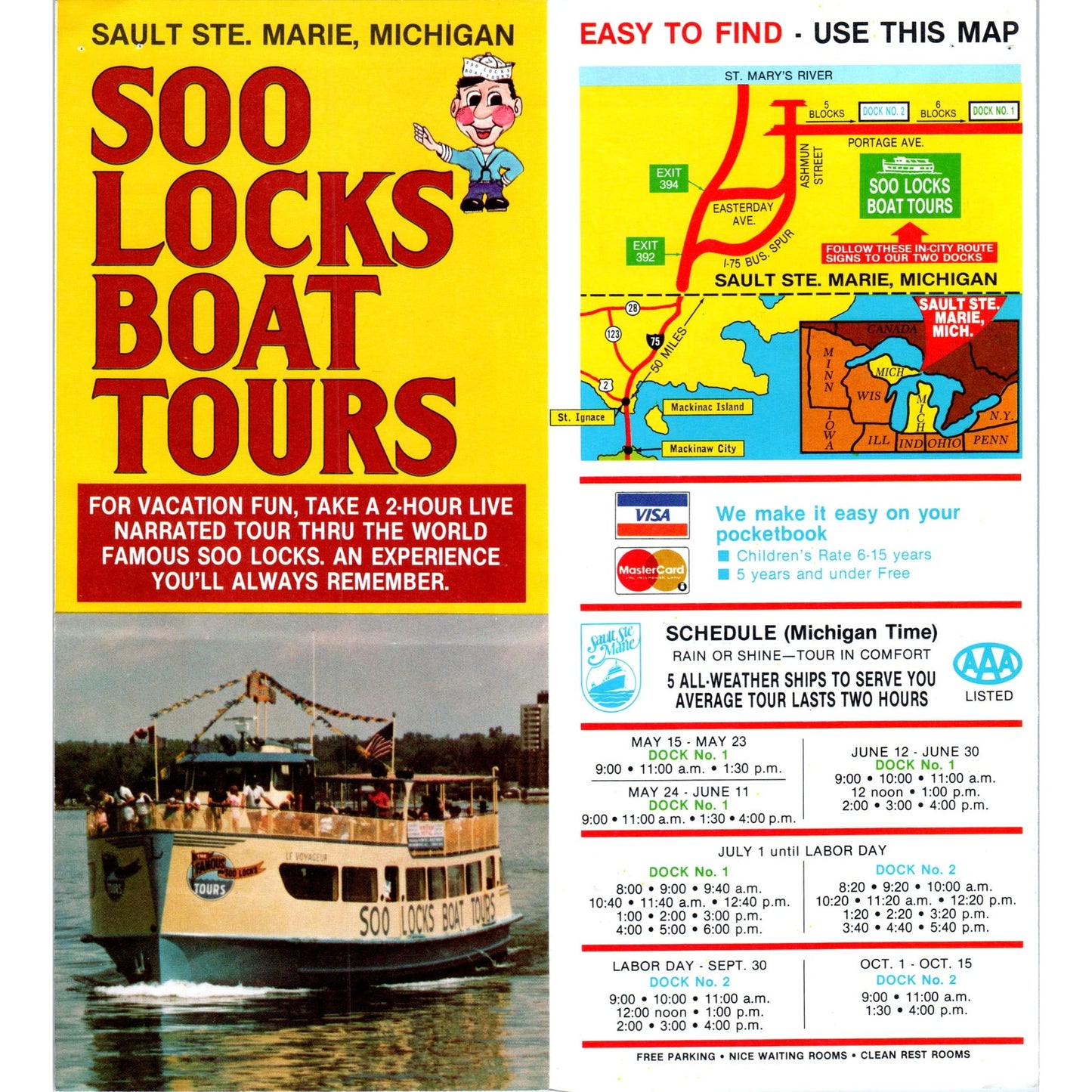 Vintage Soo Locks Boat Tours Sault Ste Marie MI Fold Out Travel Brochure TF4-B4