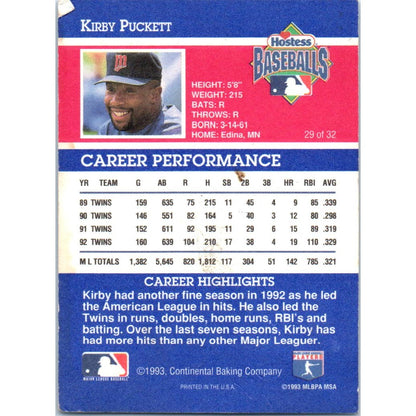 1993 Continental Baking Hostess Baseballs Card Kirby Puckett MN Twins #29 AE5