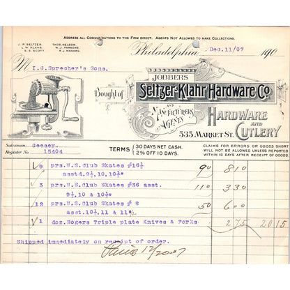 1907 Seltzer-Klahr Hardware Philadelphia Letterhead Billhead Receipt D11