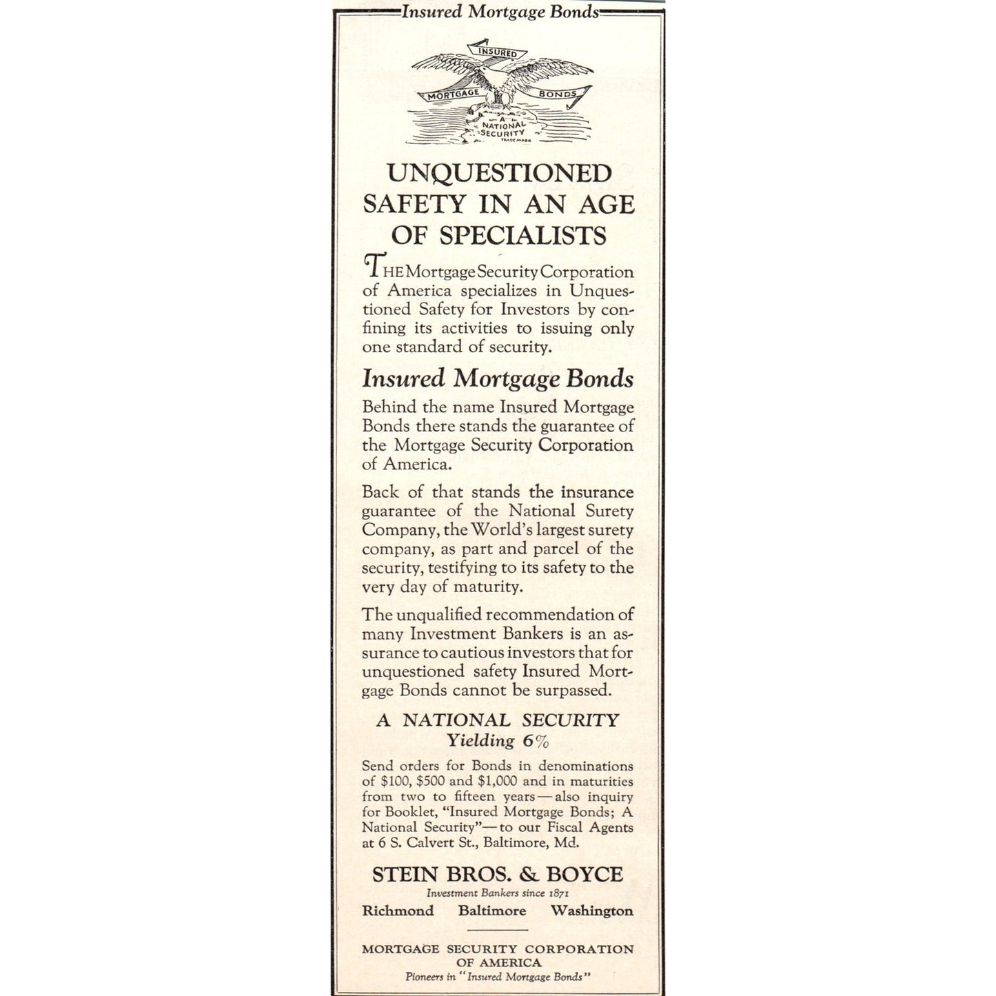Stein Bros. & Boyce Mortgage Security 1924 Magazine Ad AF2-A1