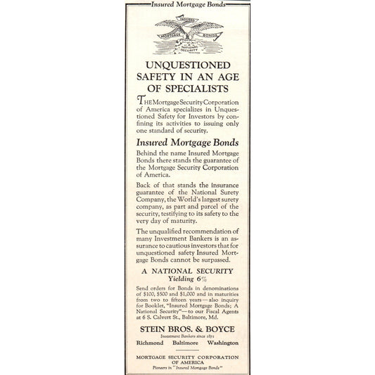 Stein Bros. & Boyce Mortgage Security 1924 Magazine Ad AF2-A1