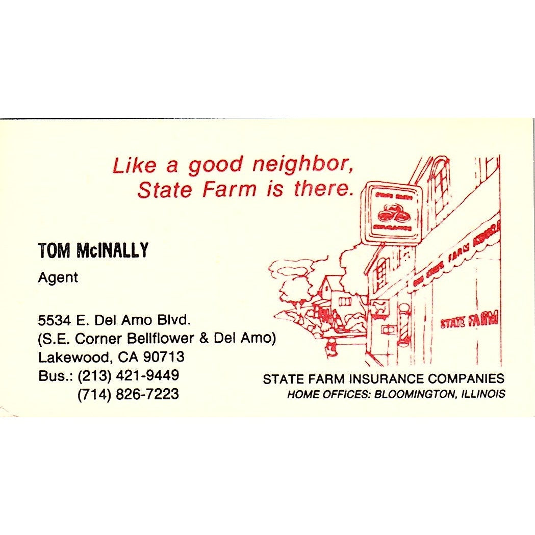 Tom McInally State Farm Lakewood CA Vintage Business Card SD9-B9
