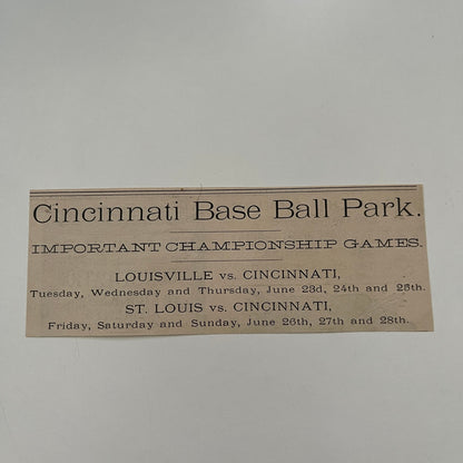 Cincinnati Baseball Championship Louisville St. Louis 1885 Cincinnati Ad AH4-M11